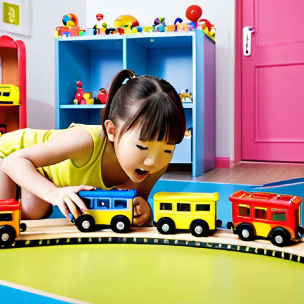 **Image Prompt:** A vibrant and cheerful scene featuring Kiki and Miumiu from BabyBus playing with a colorful toy train set, teaching children about sharing and cooperation. The setting is a brightly lit playroom filled with other toys.